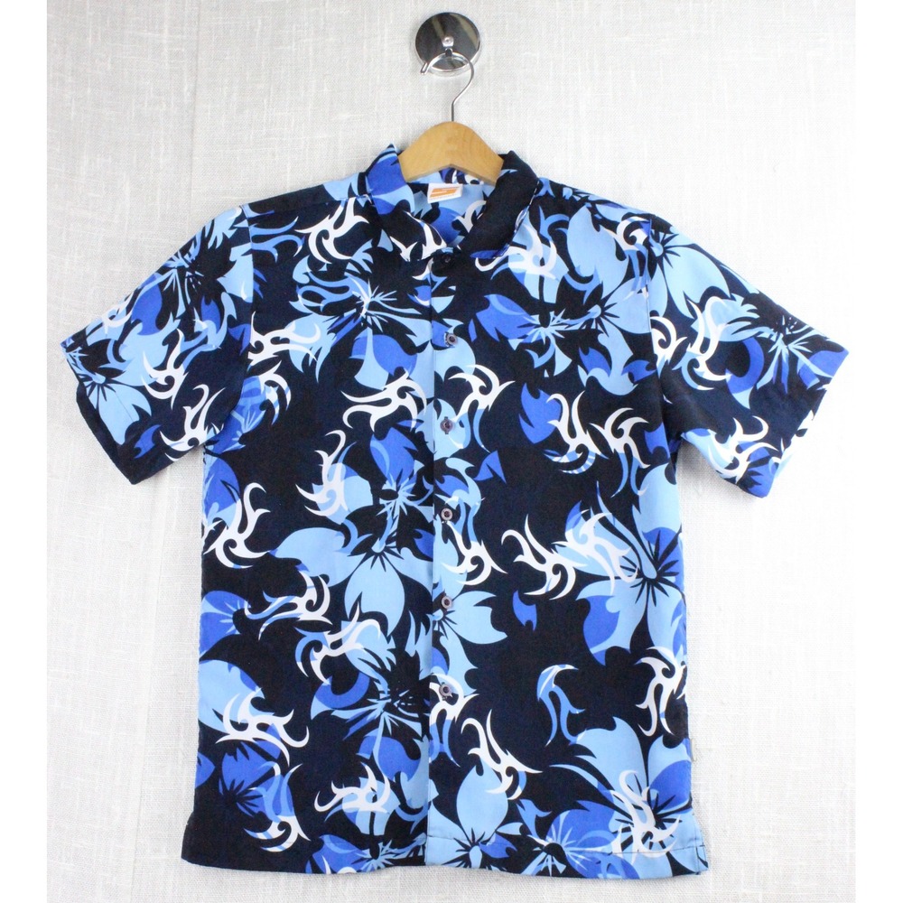 Sideout Mens Vintage Y2K Tribal Hawaiian Button Down Blue Black Short Sleeve